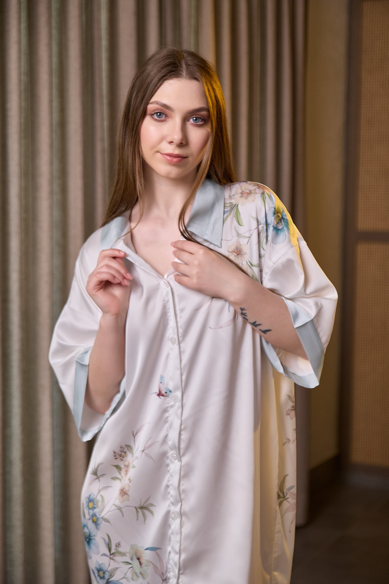 Elegant White Floral Satin Nightwear