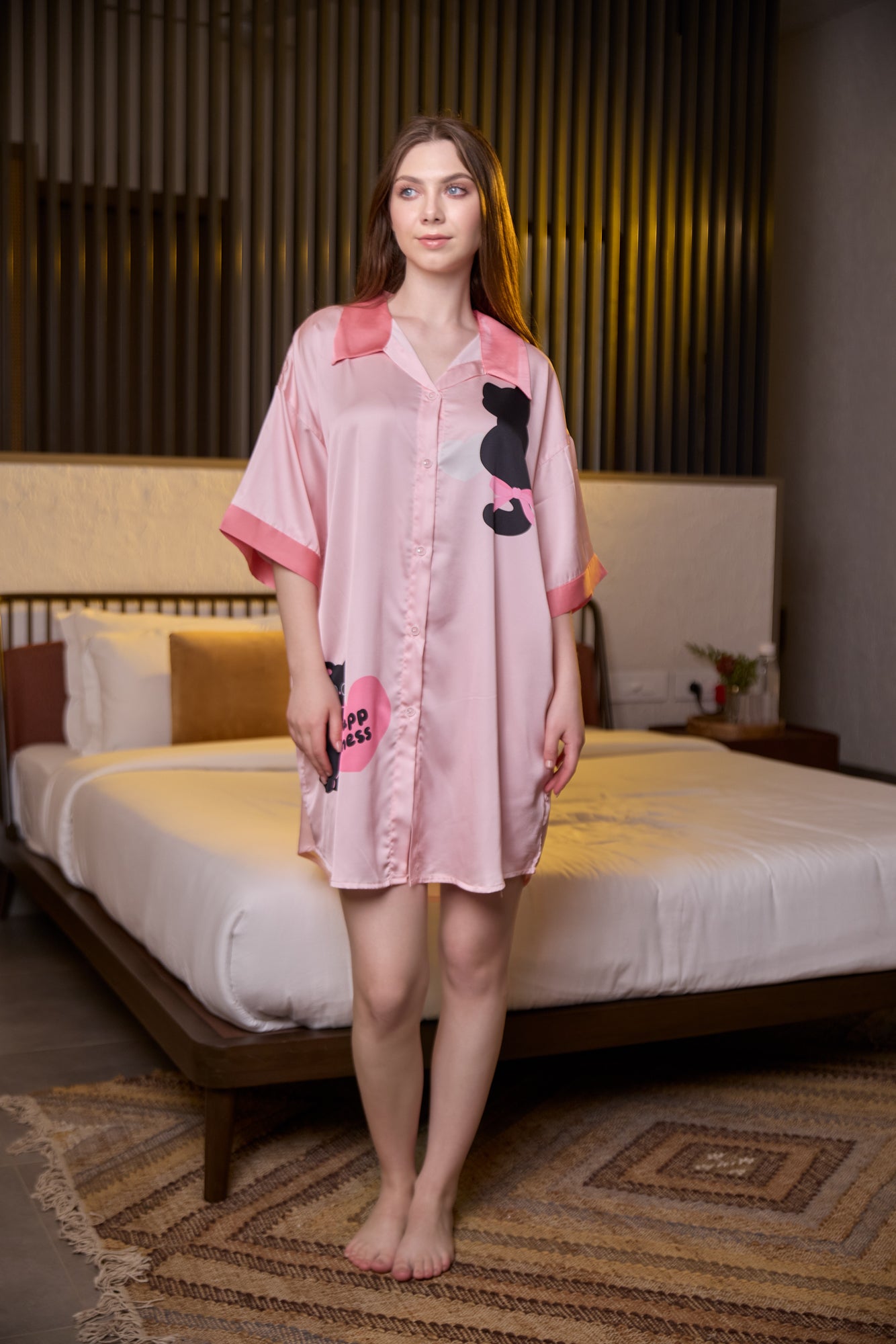 Playful Pink Cat Print Satin Nightshirt
