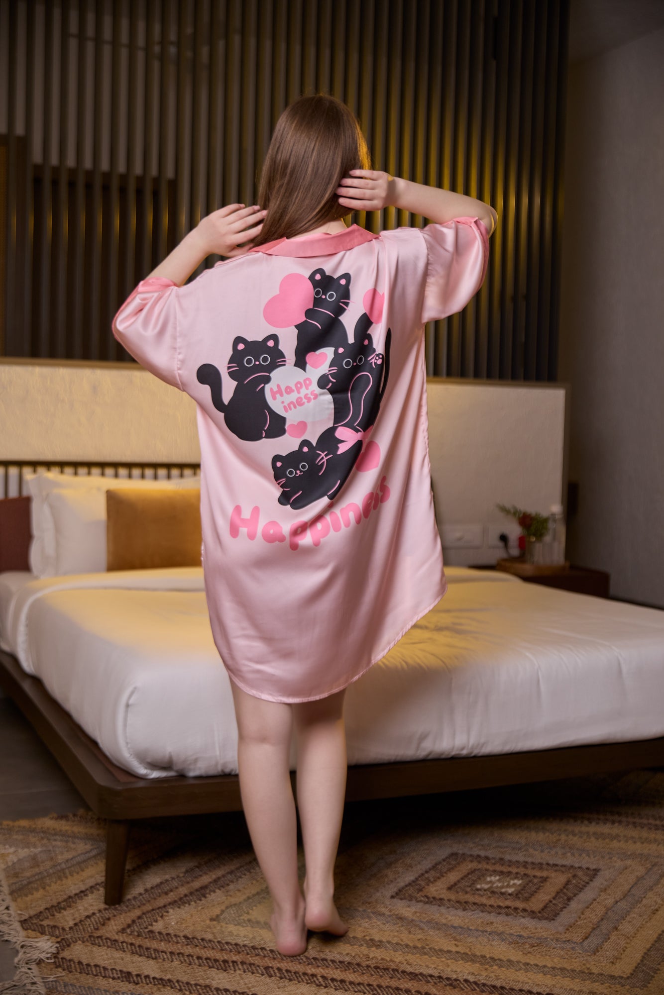 Playful Pink Cat Print Satin Nightshirt