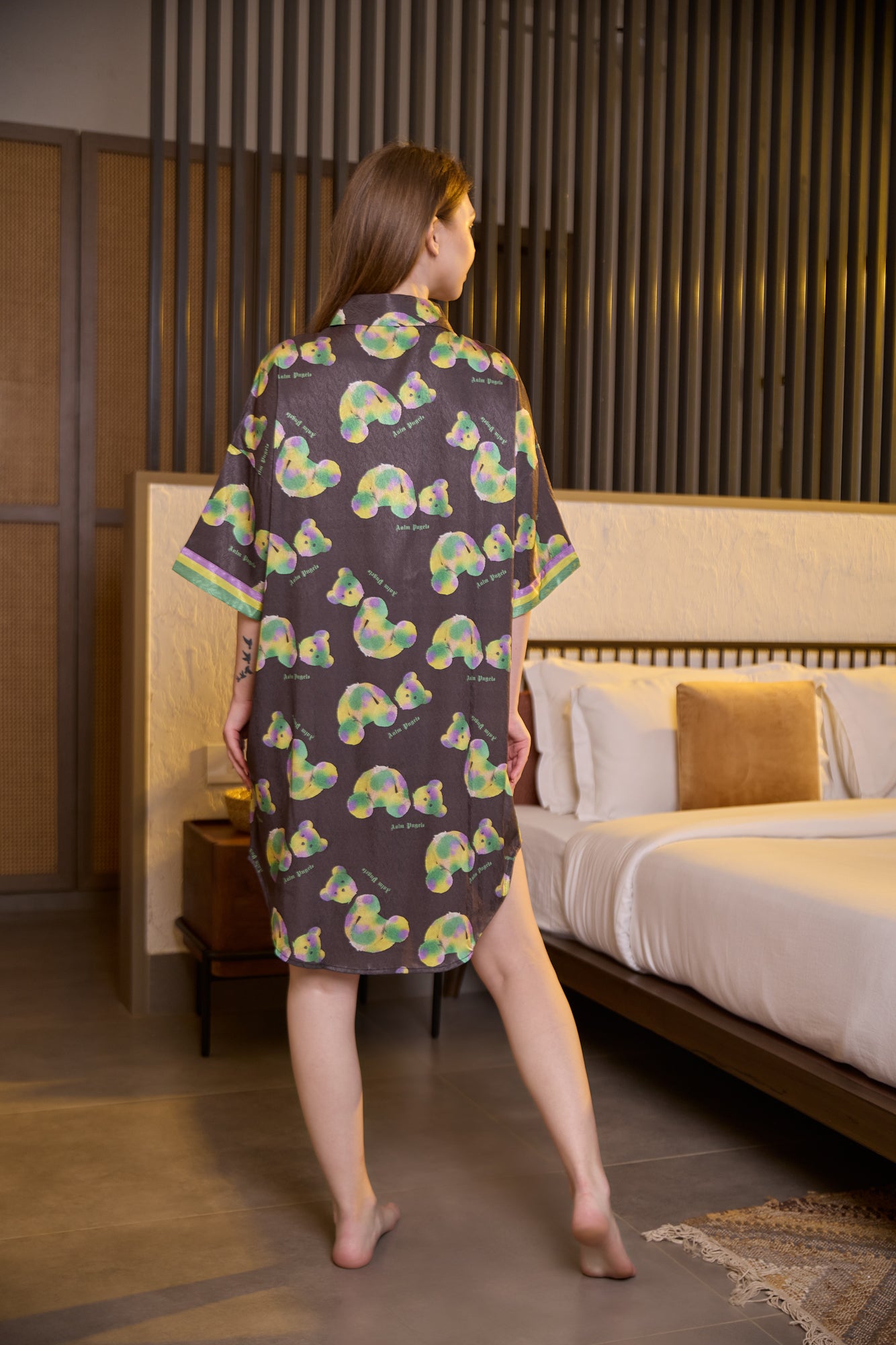 Cute Teddy Bear Printed Black Nightshirt