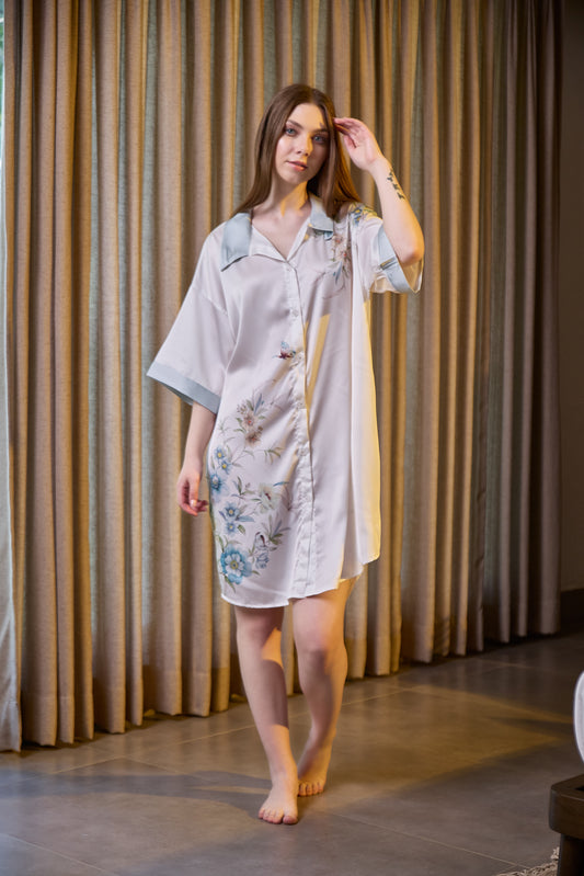 Elegant White Floral Satin Nightwear