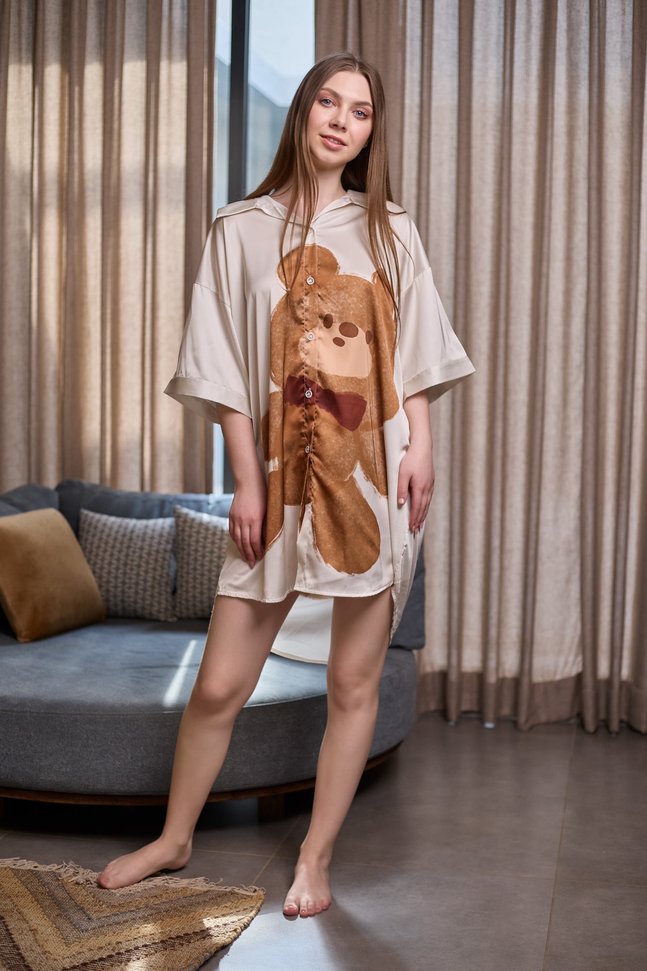 Cute Teddy Bear Printed Satin Nightshirt