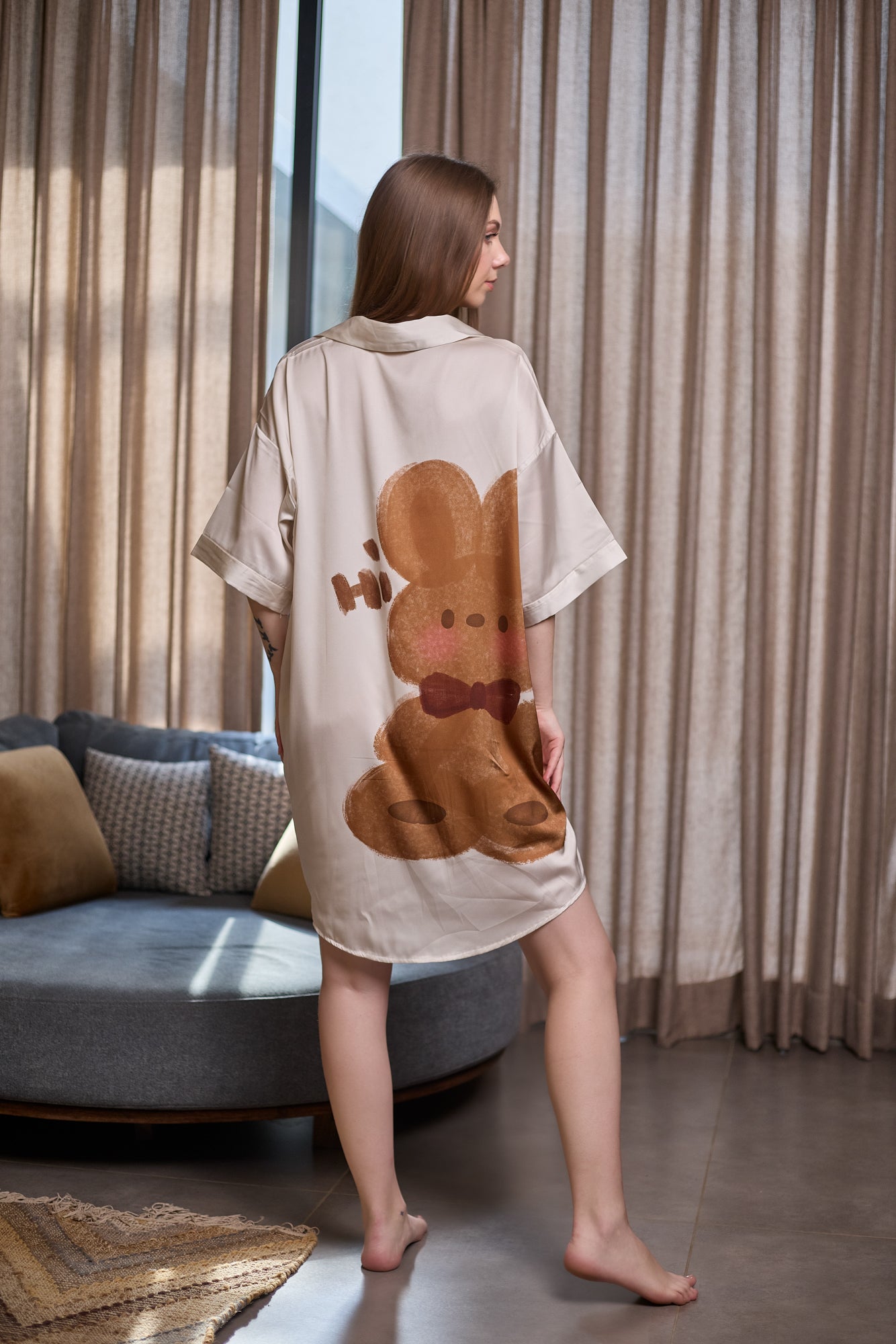 Cute Teddy Bear Printed Satin Nightshirt