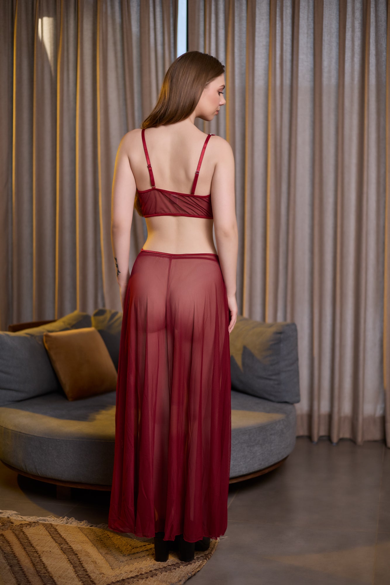Wine Red Mesh Bra & Skirt Lingerie Set with Pearl Chain